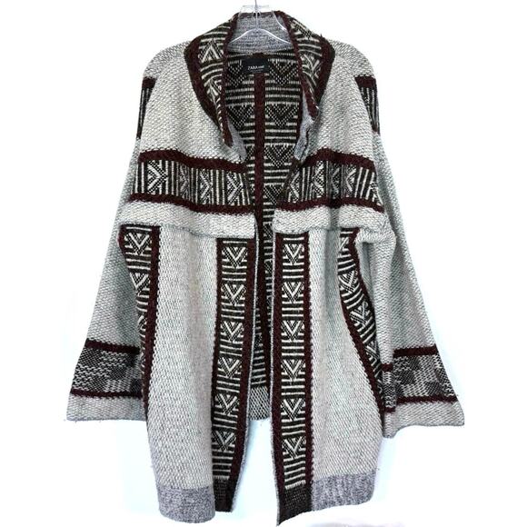 Zara Sweaters - Zara Knit Oversized Sweater Jacket Chunky Knit Aztec Duster Size Small Gray Red